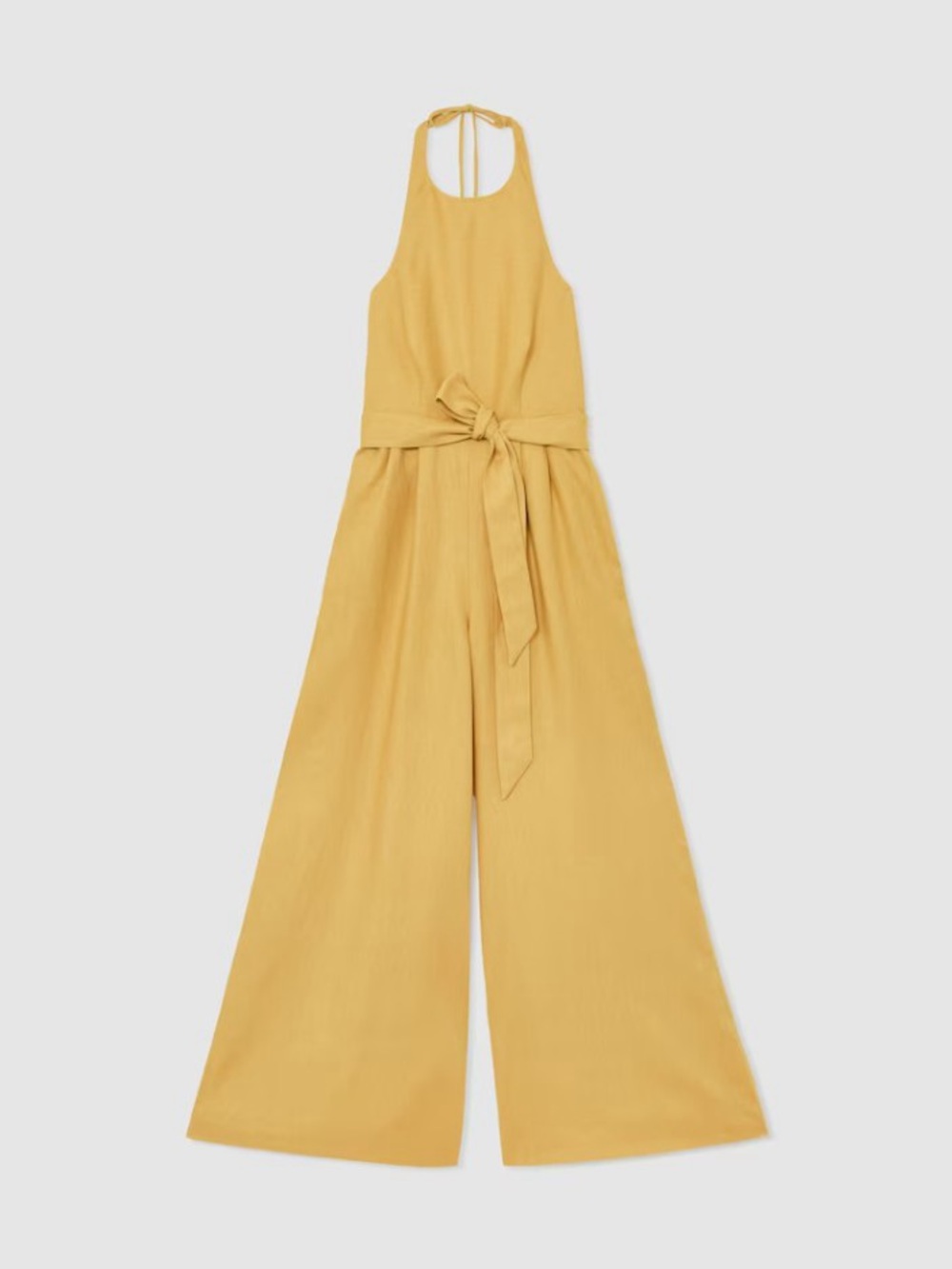 Reiss Mustard Yellow Halter Neck Open Back Maxi Jumpsuit 100% Linen - Picture 2 of 5